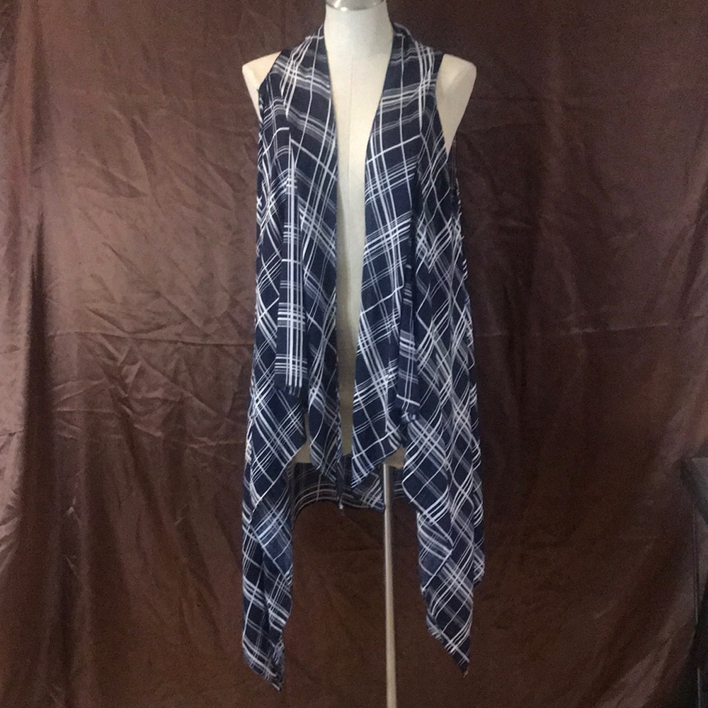 J Francis navy blue & white plaid sleeveless asymmetric summer kimono tunic OS